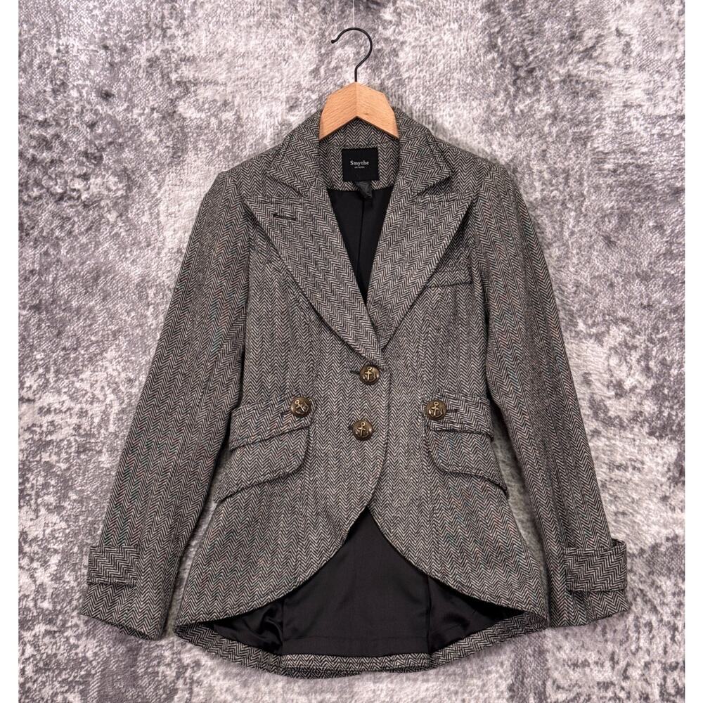 Smythe Tweed Blazer 4 Womens Gray Wool Herringbone Leather Elbow Patch Jacket